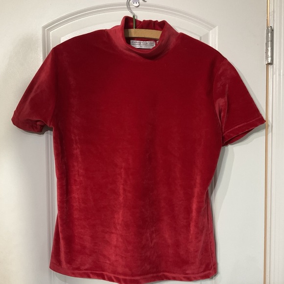 Vintage Tops - Vintage‎ Velour 90's Solid Red Mock Neck Short Sleeve T-shirt Blouse Medium